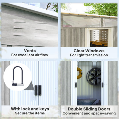 6.5x4FT Garden Shed Lockable Metal Tool Shed Light Grey Wood Effect