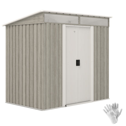 6.5x4FT Garden Shed Lockable Metal Tool Shed Light Grey Wood Effect