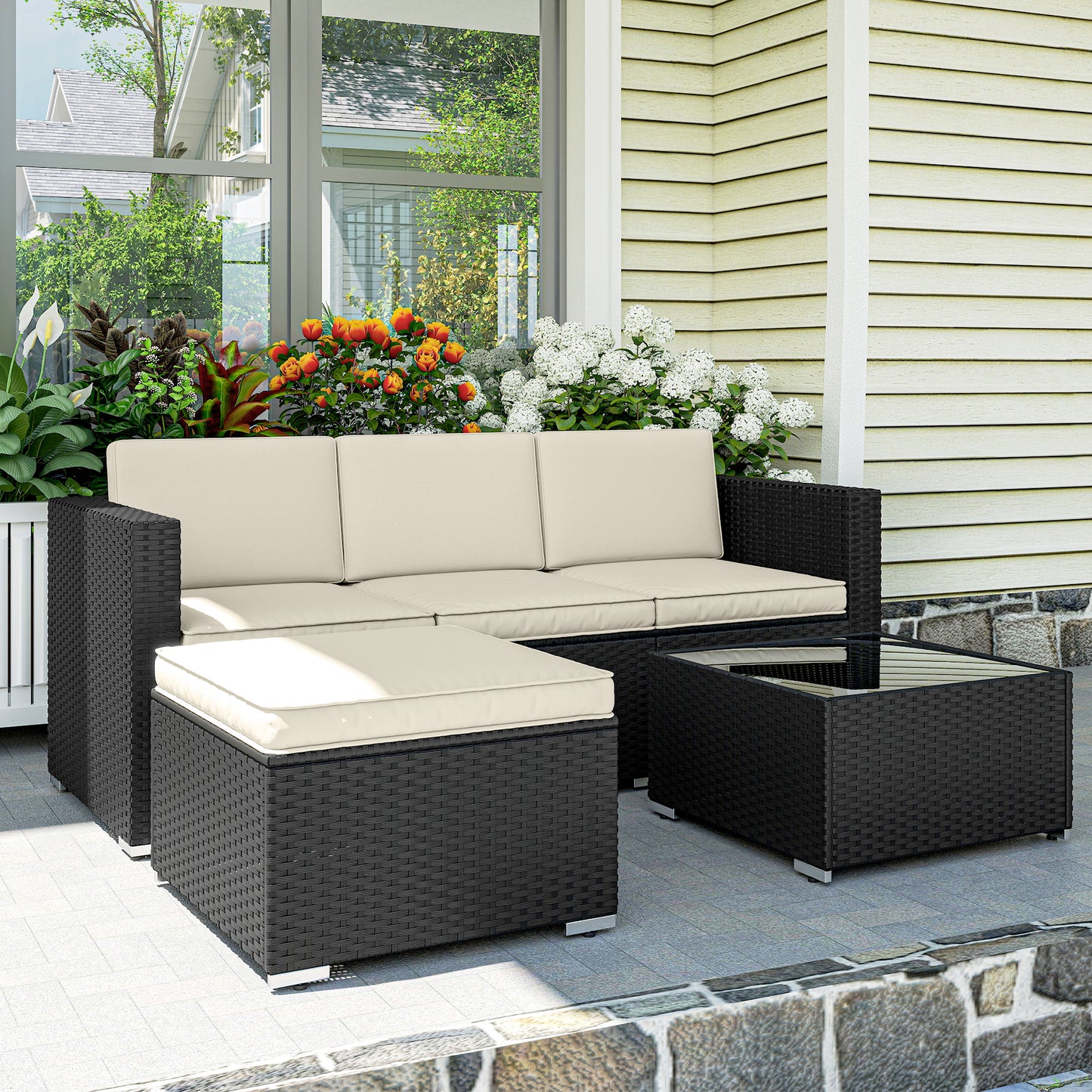 Garden Furniture Set w/ Padded Cushions Corner Sofa Set, Black