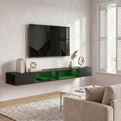 TV Stand for TVs up to 75 Inch, Modern Entertainment Center with RGB LED Lights, USB Powered, Wall-Mounted Media Console Table with 4 Open Storage Shelves for Living Room, Black