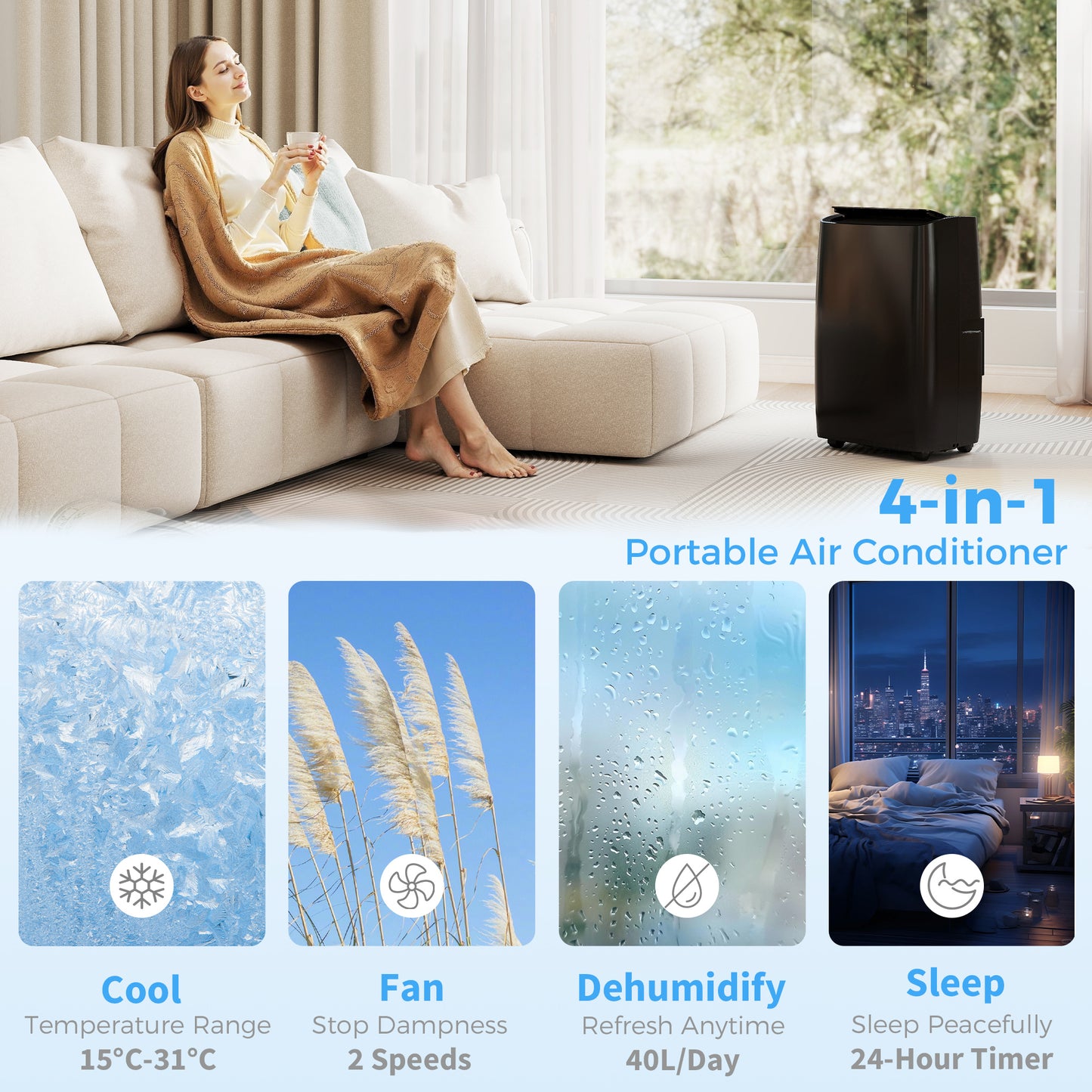 14,000 BTU Portable Air Conditioner Unit with Remote, 24H Timer