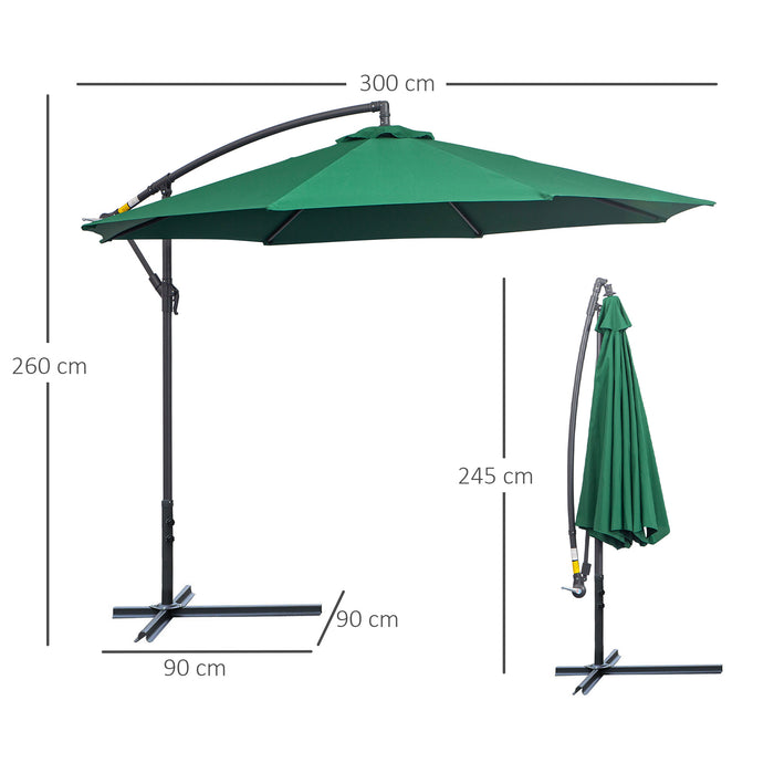 3(m) Garden Banana Parasol Hanging Cantilever Umbrella with Crank Handle and Cross Base for Outdoor, Sun Shade, Green