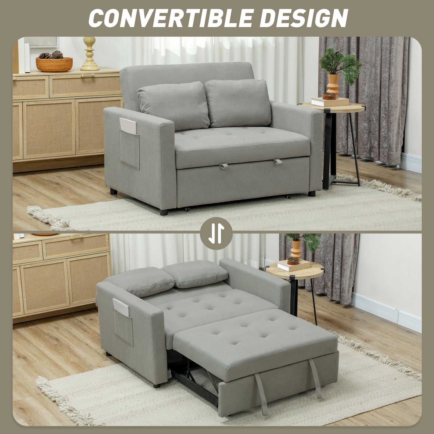 2 Seater Sofa Bed Convertible Bed Settee with Pillow, Light Grey