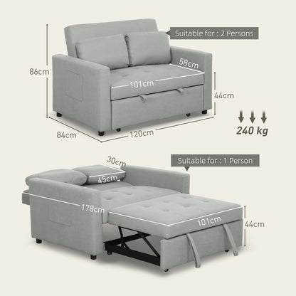 2 Seater Sofa Bed Convertible Bed Settee with Pillow, Light Grey