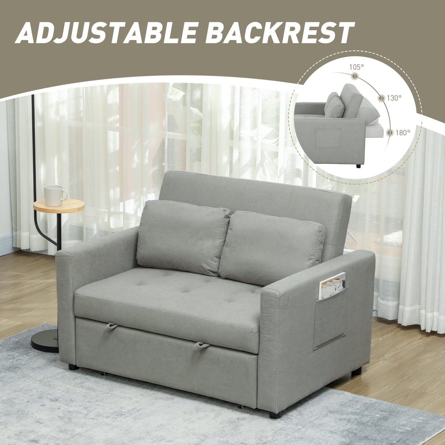 2 Seater Sofa Bed Convertible Bed Settee with Pillow, Light Grey