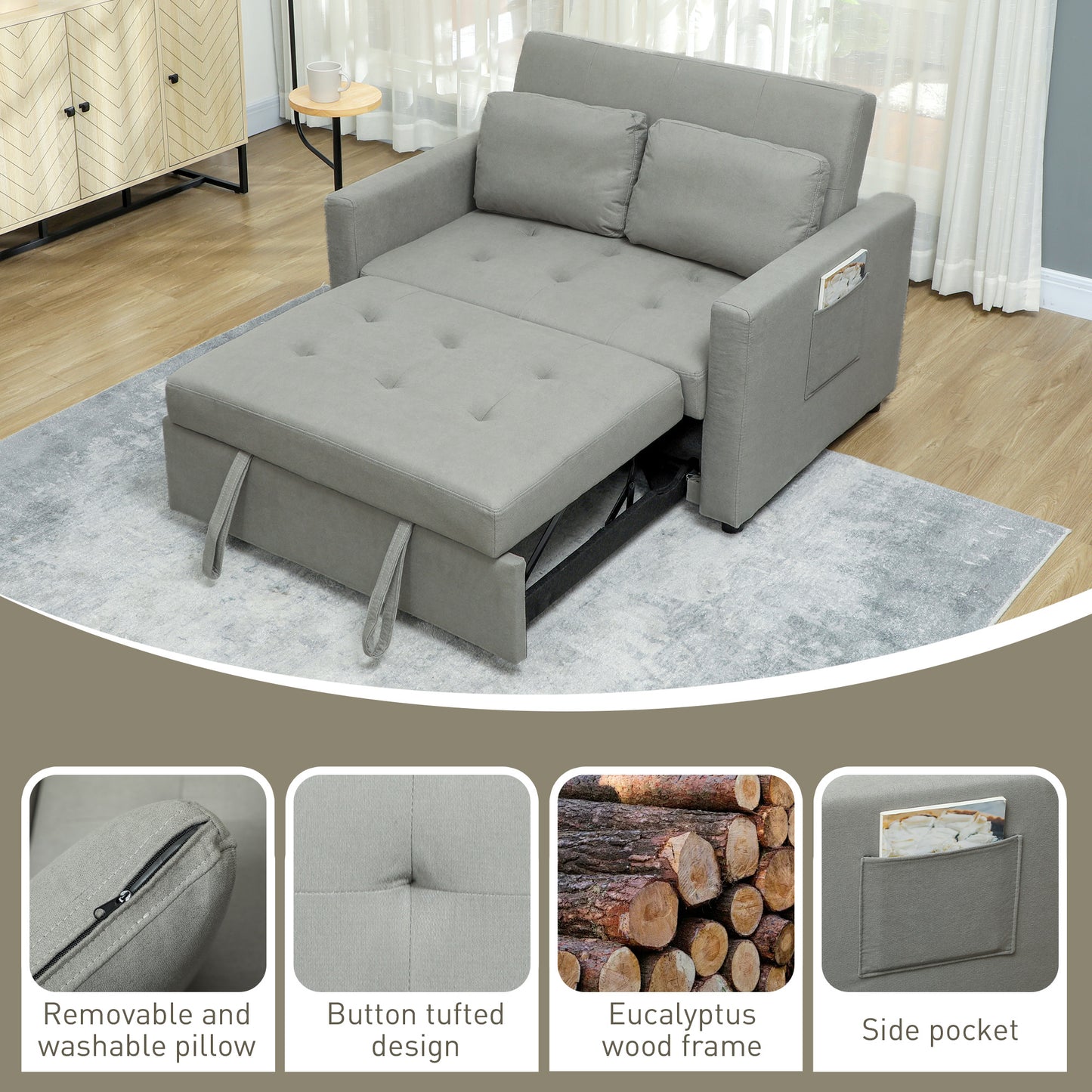 2 Seater Sofa Bed Convertible Bed Settee with Pillow, Light Grey