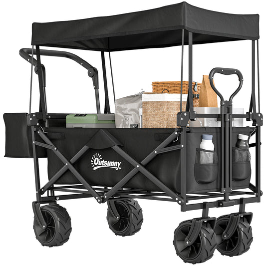 Outdoor Push Pull Wagon Stroller Cart w/ Canopy Top Black