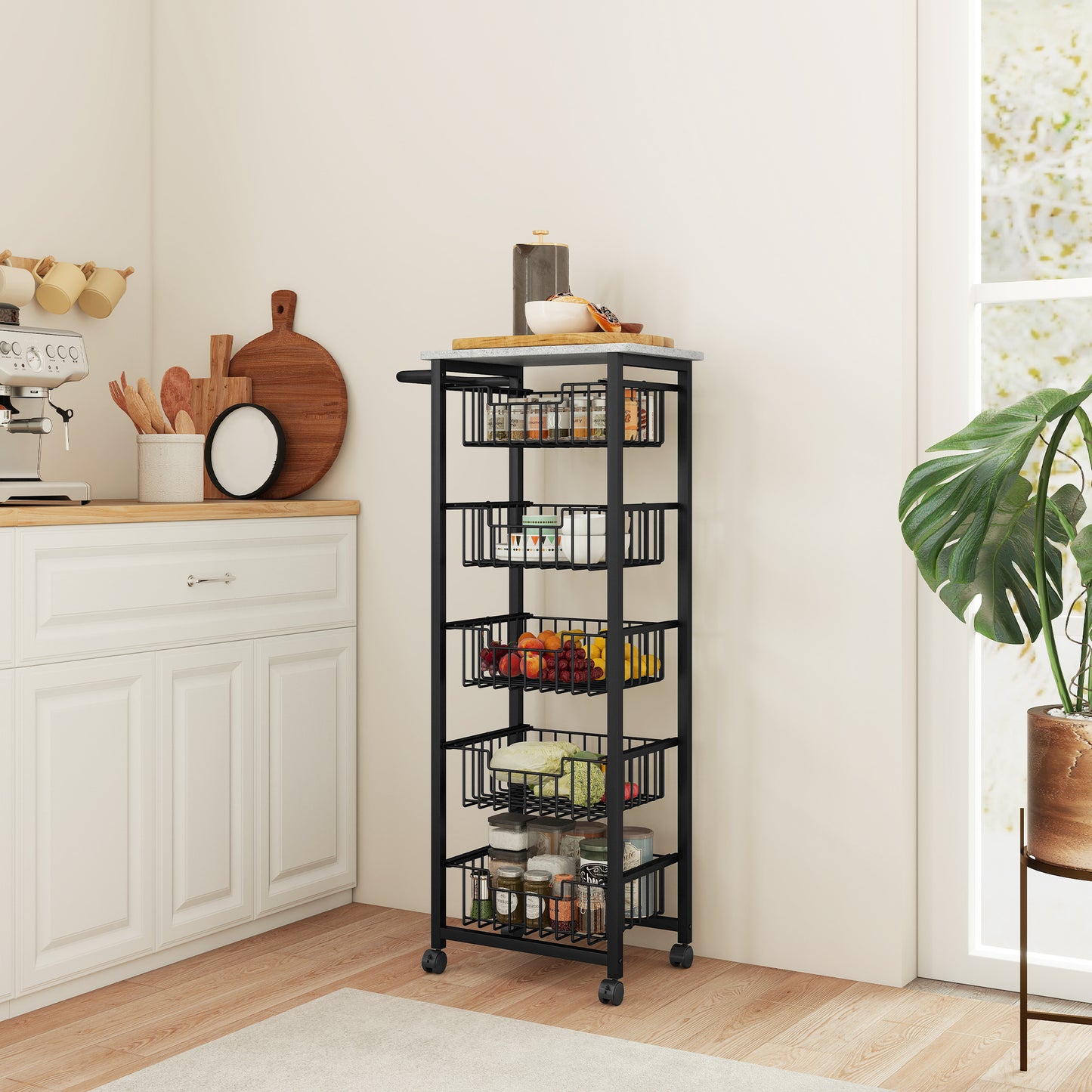 5-Tier Kitchen Island on Wheels with 5 Pull-Out Baskets, Light Grey