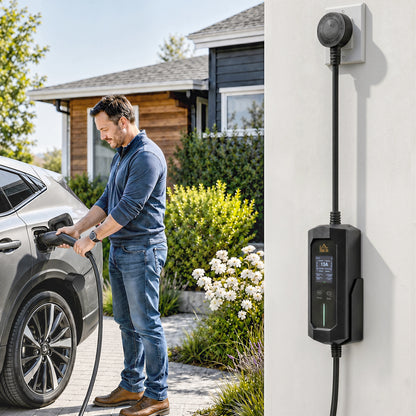 EV Charger Type 2 to 3 Pin UK Plug, 10 m, 2.8 kW, 6/8/10/13 A, IP65 Electric Car Charger Type 2 Charging Cable with 1-12 h Time Delay/Duration, LCD Screen, Bag for EVs, PHEVs for Home/Travel