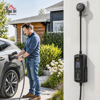EV Charger Type 2 to 3 Pin UK Plug, 10 m, 2.8 kW, 6/8/10/13 A, IP65 Electric Car Charger Type 2 Charging Cable with 1-12 h Time Delay/Duration, LCD Screen, Bag for EVs, PHEVs for Home/Travel