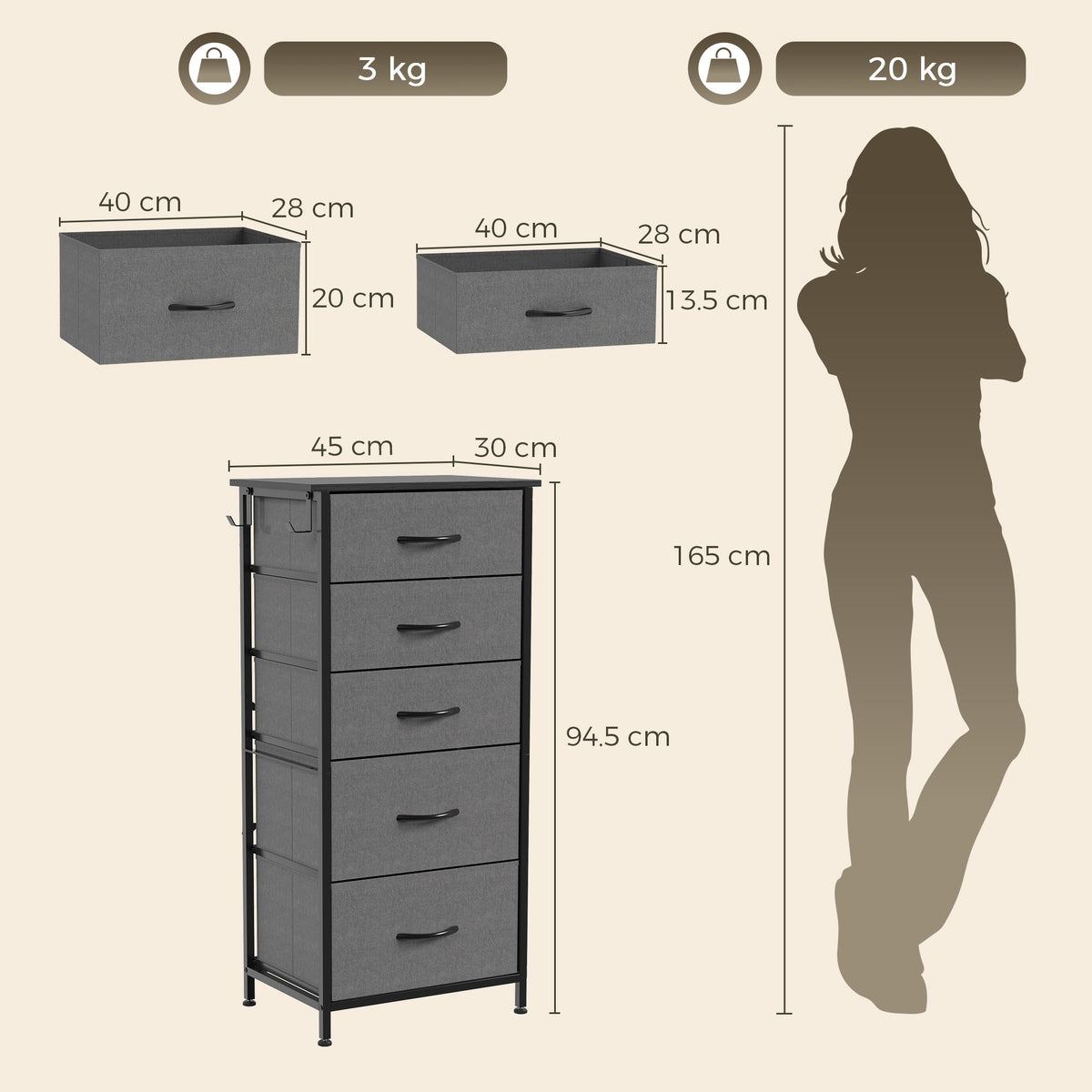 Fabric Chest of Drawers, 5 Drawer Dresser for Bedroom, Charcoal Grey