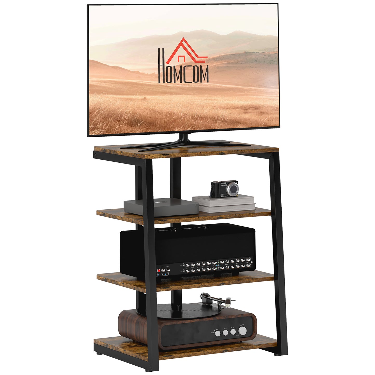 HiFi Rack Stand w/ 4-Tier Record Player Stand, Rustic Brown