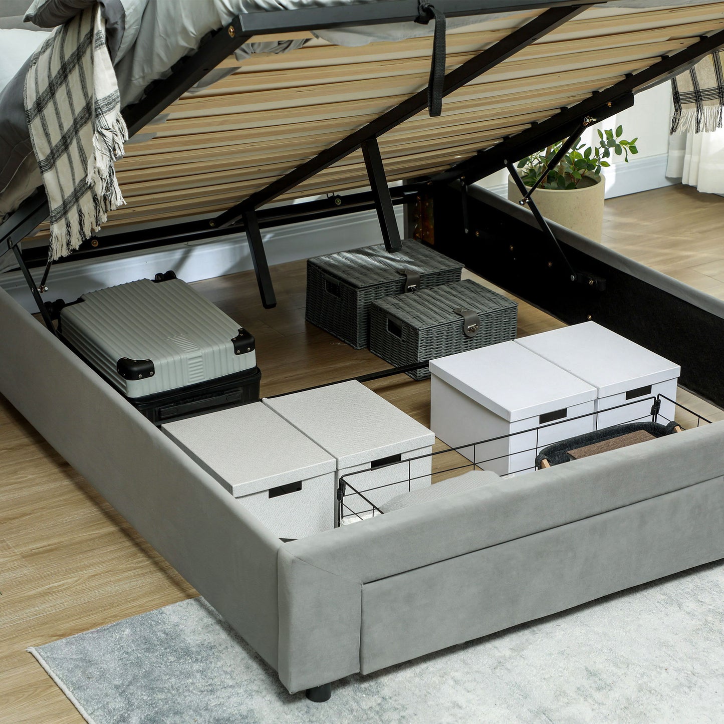 Double Bed Frame with Storage and Adjustable Velvet Headboard