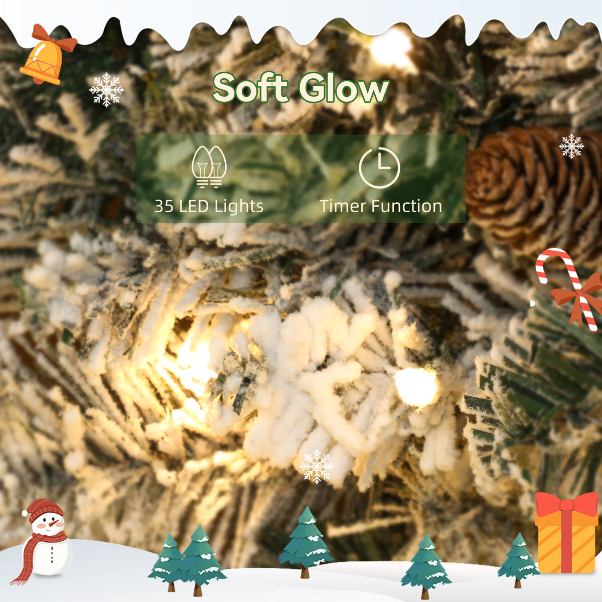 60 cm Prelit Christmas Wreath, Flocked Front Door Wreath with Timer