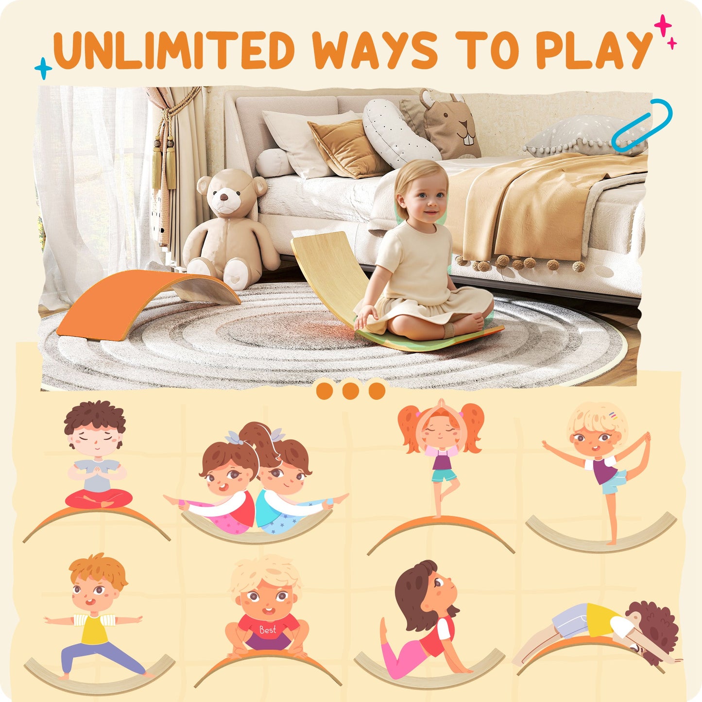 Wooden Balance Board for Kids, Wobble Board with Felt, Orange