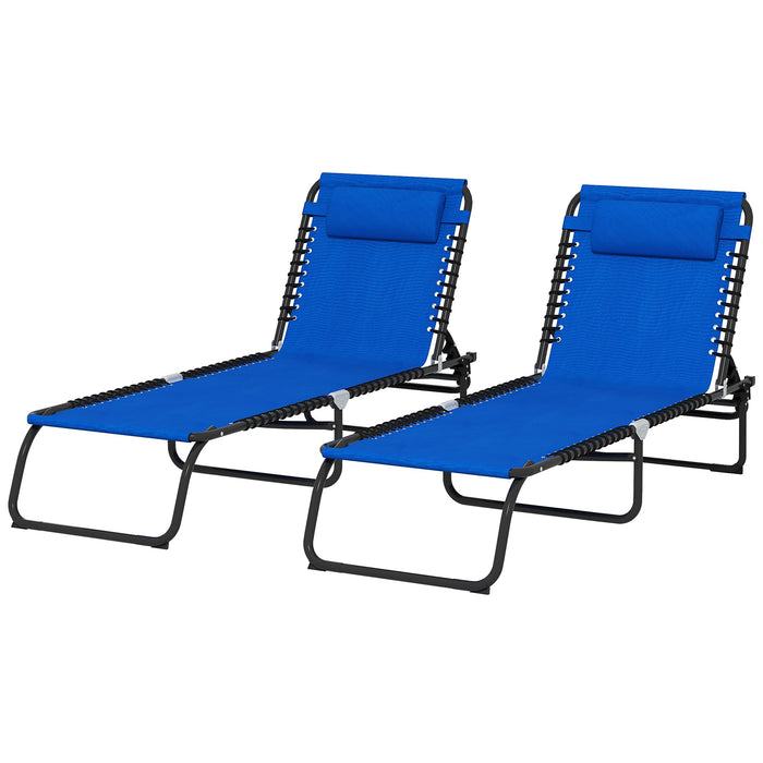 2 Pcs Folding Sun Lounger Beach Chaise Chair Garden Cot Camping Recliner with 4 Position Adjustable Blue