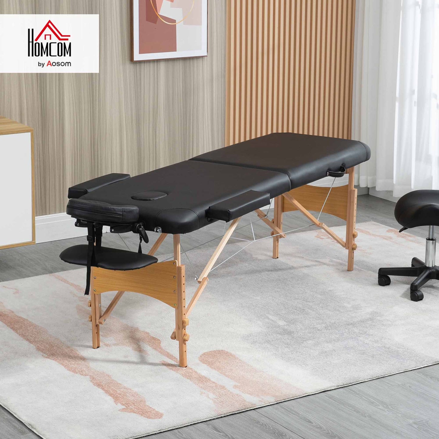 Wooden Folding Spa Beauty Massage Table w/ 2 Sections, Carry Bag, Black