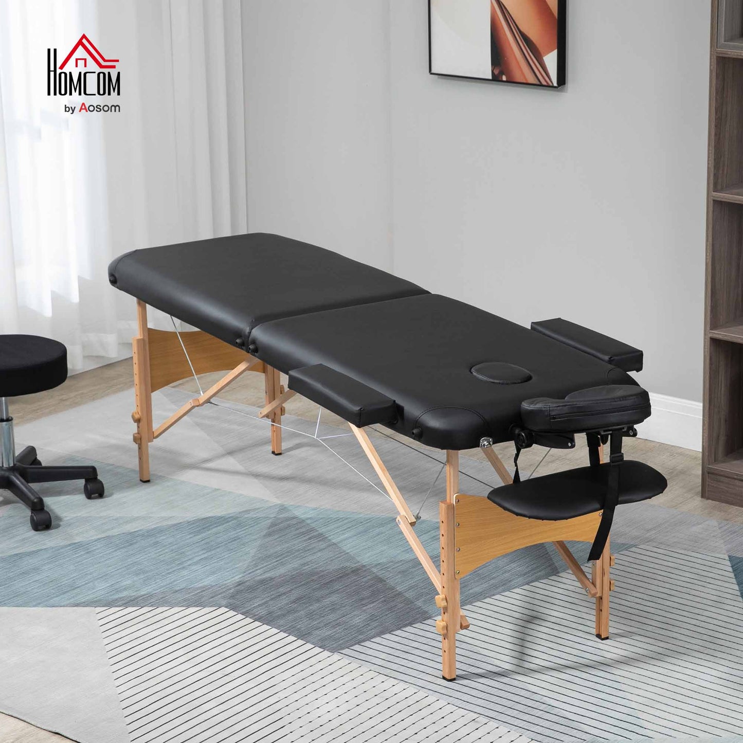 Wooden Folding Spa Beauty Massage Table w/ 2 Sections, Carry Bag, Black
