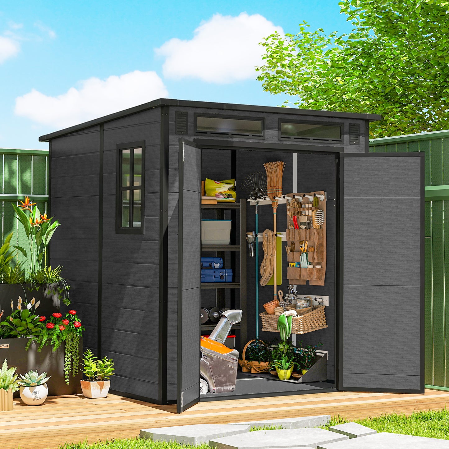 6 x 6 ft Plastic Garden Shed with Floor, Lockable Doors, Dark Grey