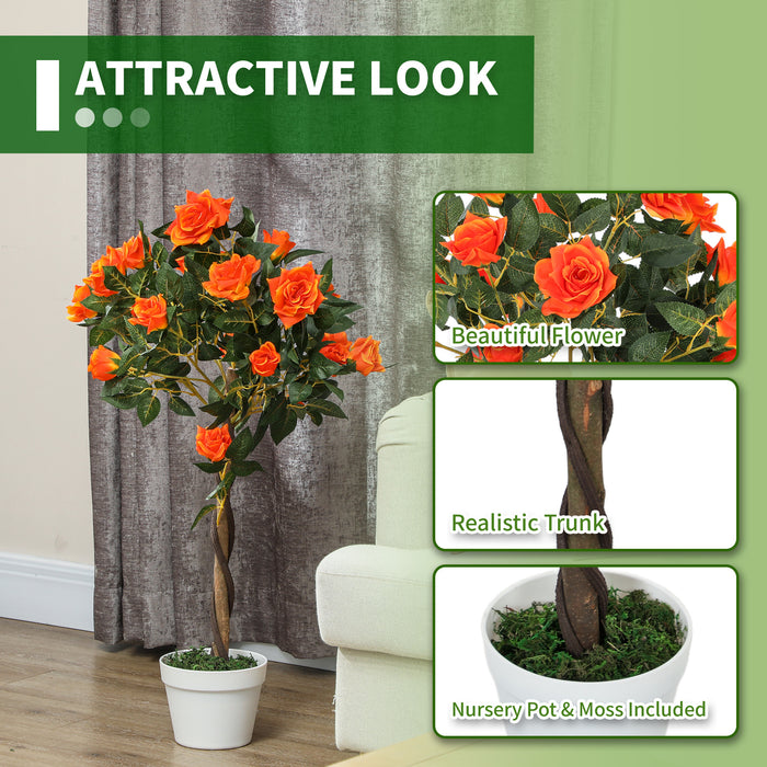 Set of 2 90cm Artificial Rose Tree, Fake Decorative Plant, Orange