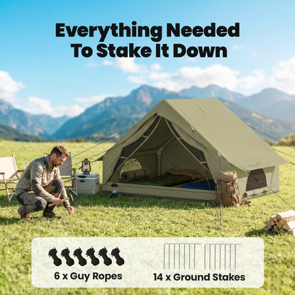 Inflatable Camping Tent with Air Pump, Easy Setup 2-4 Person Blow Up Glamping Tent, 3000mm Waterproof with Mesh Windows and Carry Bag, House Design for Family Weekend Camping, Green