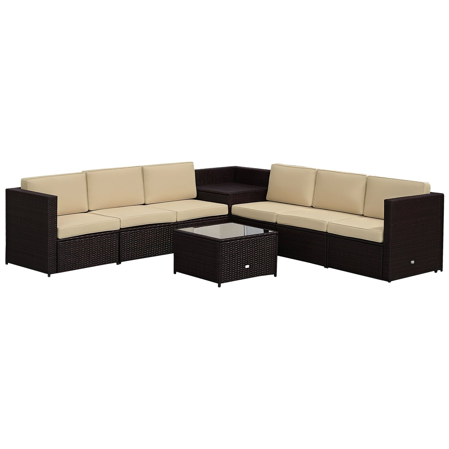 8 Pieces Outdoor PE Rattan Sofa Set with Cushions, Patio Garden Furniture Sets with Glass Top Coffee Table, Storage Corner Table, Brown