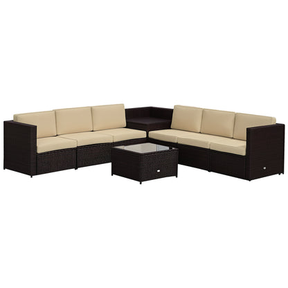 8 Pieces Outdoor PE Rattan Sofa Set with Cushions, Patio Garden Furniture Sets with Glass Top Coffee Table, Storage Corner Table, Brown