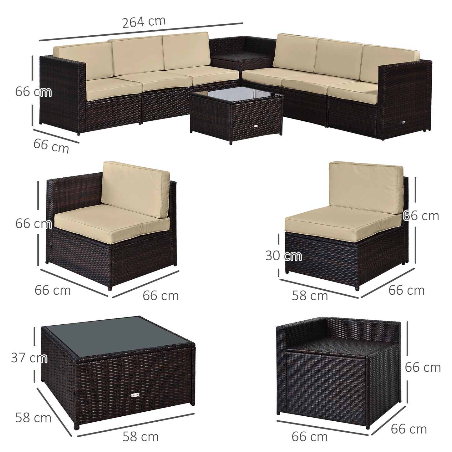 8 Pieces Outdoor PE Rattan Sofa Set with Cushions, Patio Garden Furniture Sets with Glass Top Coffee Table, Storage Corner Table, Brown