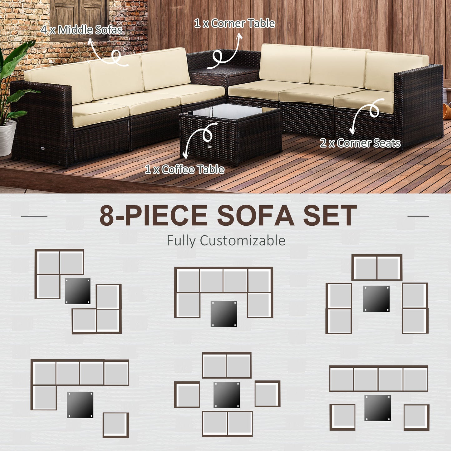8 Pieces Outdoor PE Rattan Sofa Set with Cushions, Patio Garden Furniture Sets with Glass Top Coffee Table, Storage Corner Table, Brown