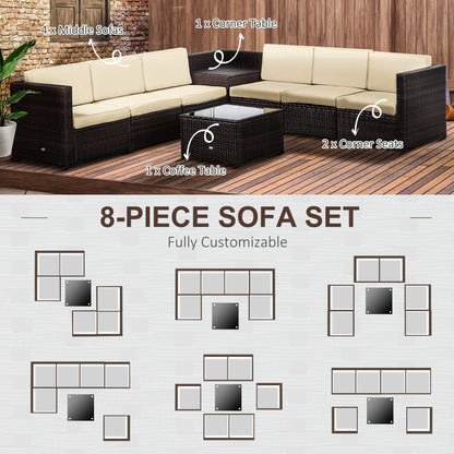 8 Pieces Outdoor PE Rattan Sofa Set with Cushions, Patio Garden Furniture Sets with Glass Top Coffee Table, Storage Corner Table, Brown