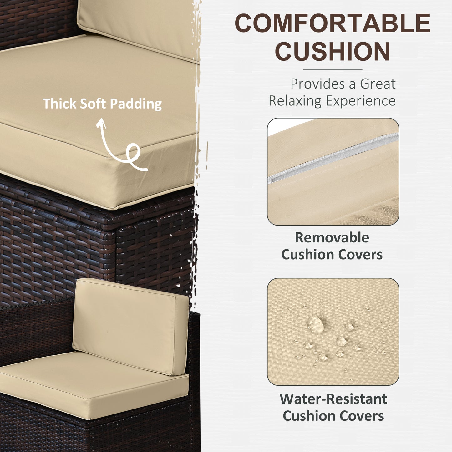 8 Pieces Outdoor PE Rattan Sofa Set with Cushions, Patio Garden Furniture Sets with Glass Top Coffee Table, Storage Corner Table, Brown