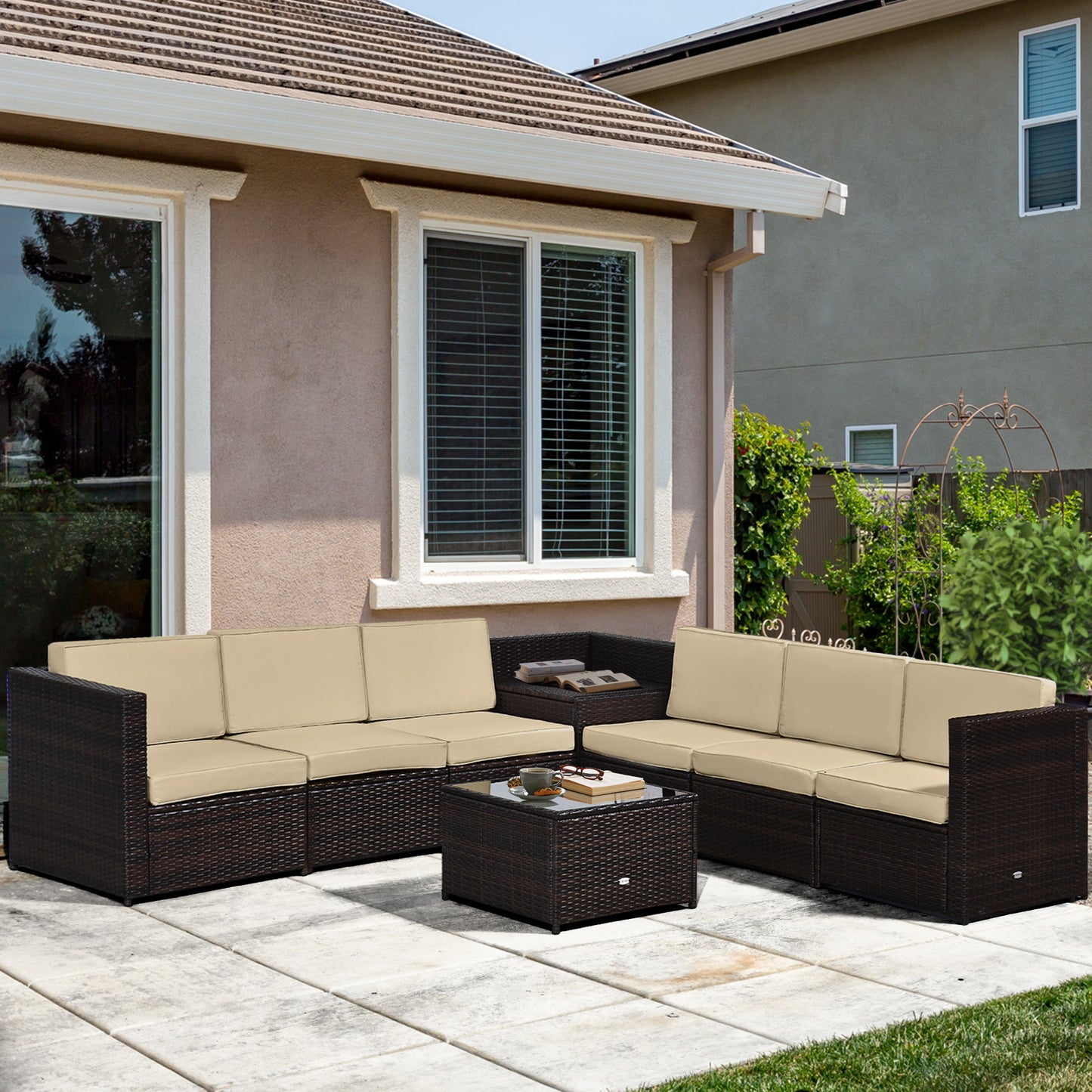 8 Pieces Outdoor PE Rattan Sofa Set with Cushions, Patio Garden Furniture Sets with Glass Top Coffee Table, Storage Corner Table, Brown