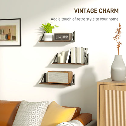 Set of 3 Vintage Wall Shelves for Living Room Rustic Brown