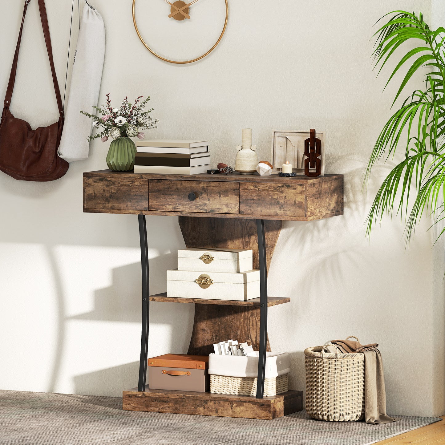 Console Table Hallway Table with Storage Shelves, Rustic Brown