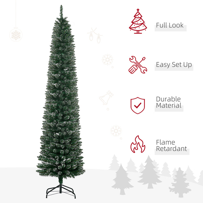 7.5FT Artificial Christmas Tree Snow Dipped Xmas Pencil Tree Holiday Home Indoor Decoration with Foldable Black Stand, Green