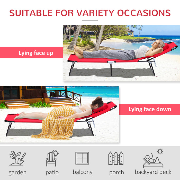 Foldable Outdoor Sun Lounger Adjustable Backrest Reclining Chair with Pillow and Reading Hole Garden Beach, Red