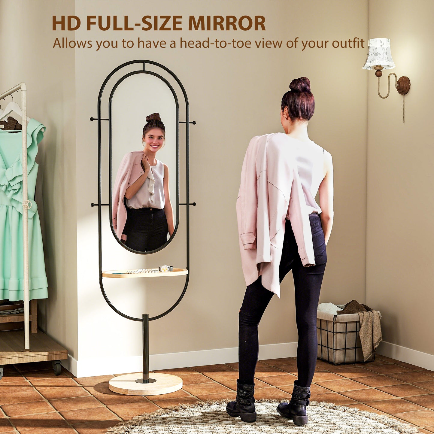 Full Length Mirror, Free Standing Mirror with Tray and Hooks, Black
