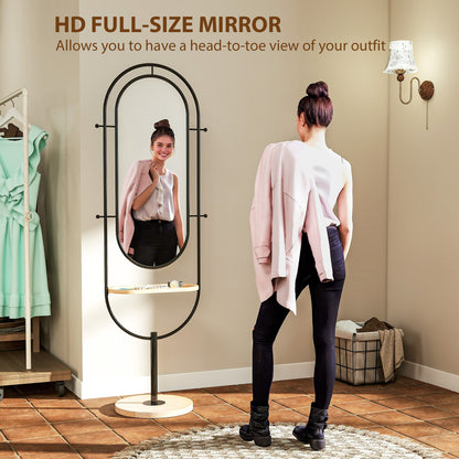 Full Length Mirror, Free Standing Mirror with Tray and Hooks, Black