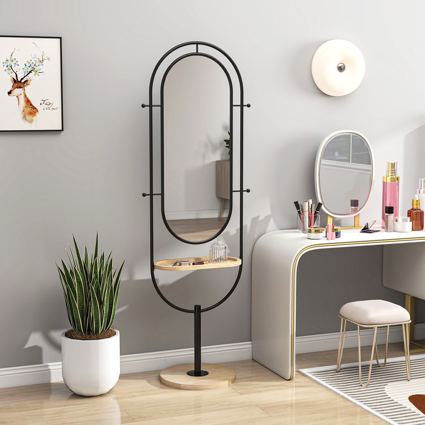 Full Length Mirror, Free Standing Mirror with Tray and Hooks, Black
