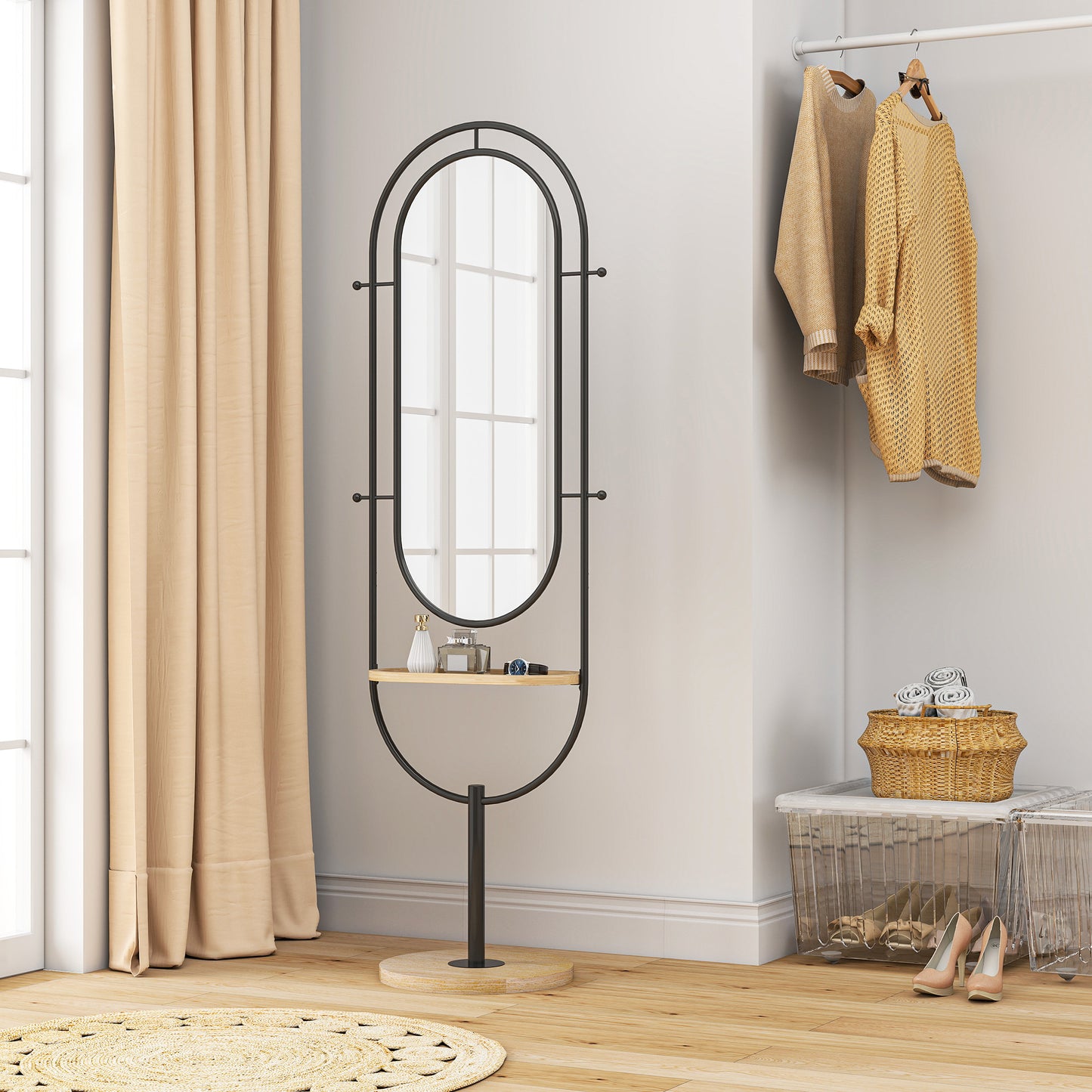 Full Length Mirror, Free Standing Mirror with Tray and Hooks, Black