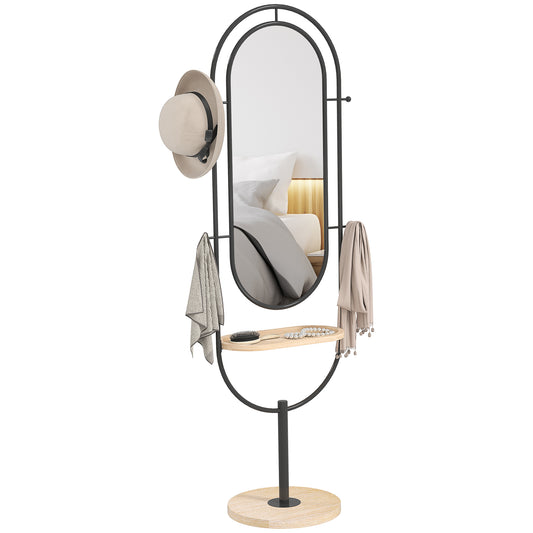 Full Length Mirror, Free Standing Mirror with Tray and Hooks, Black