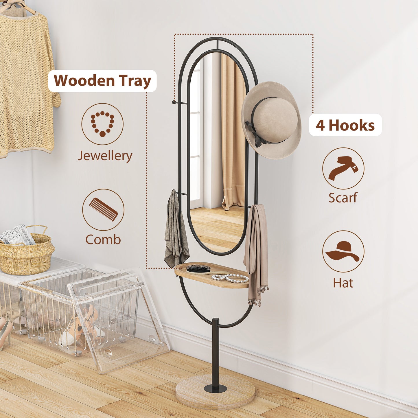 Full Length Mirror, Free Standing Mirror with Tray and Hooks, Black