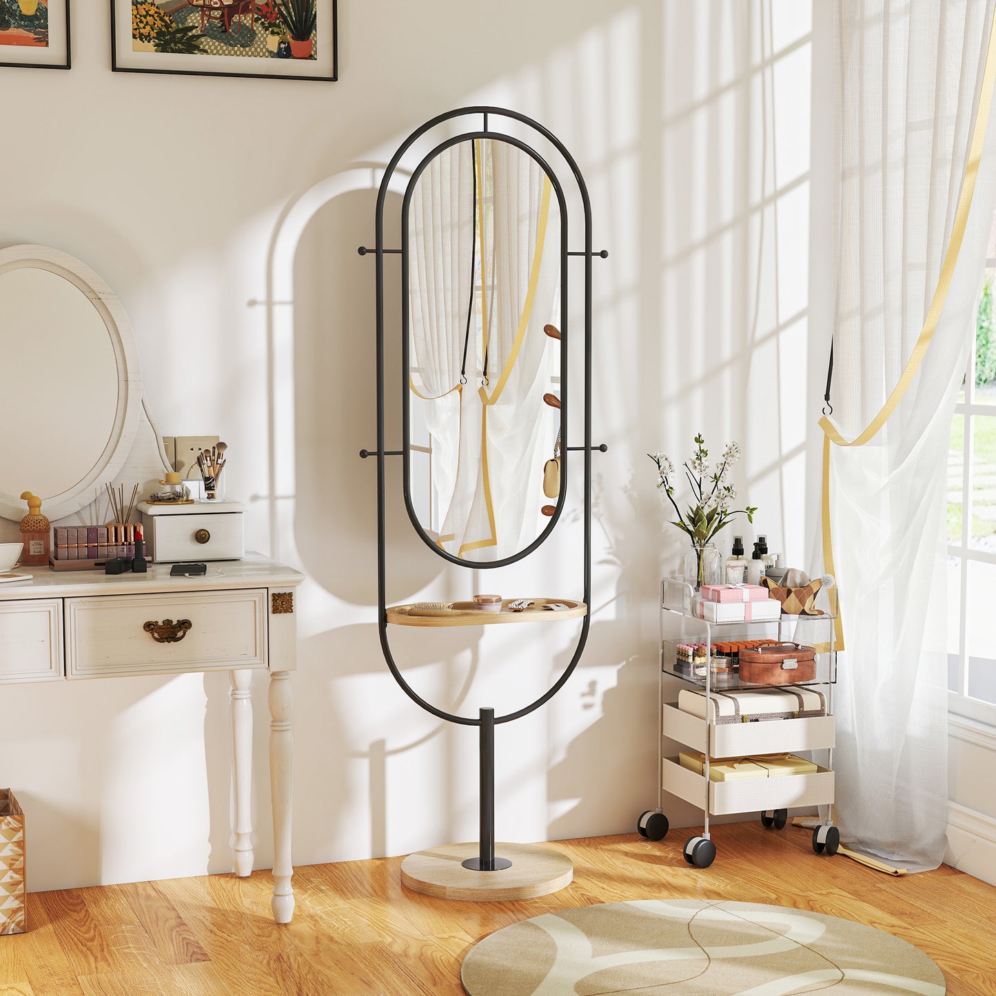 Full Length Mirror, Free Standing Mirror with Tray and Hooks, Black