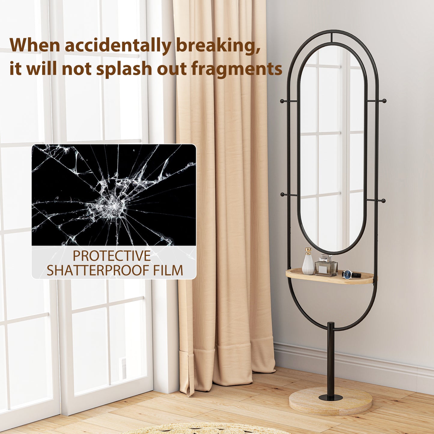 Full Length Mirror, Free Standing Mirror with Tray and Hooks, Black