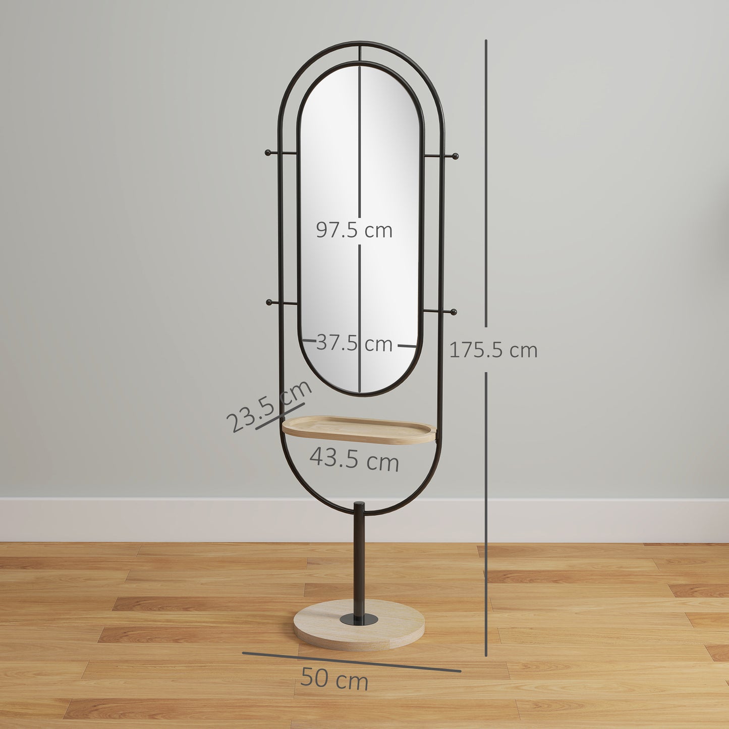 Full Length Mirror, Free Standing Mirror with Tray and Hooks, Black