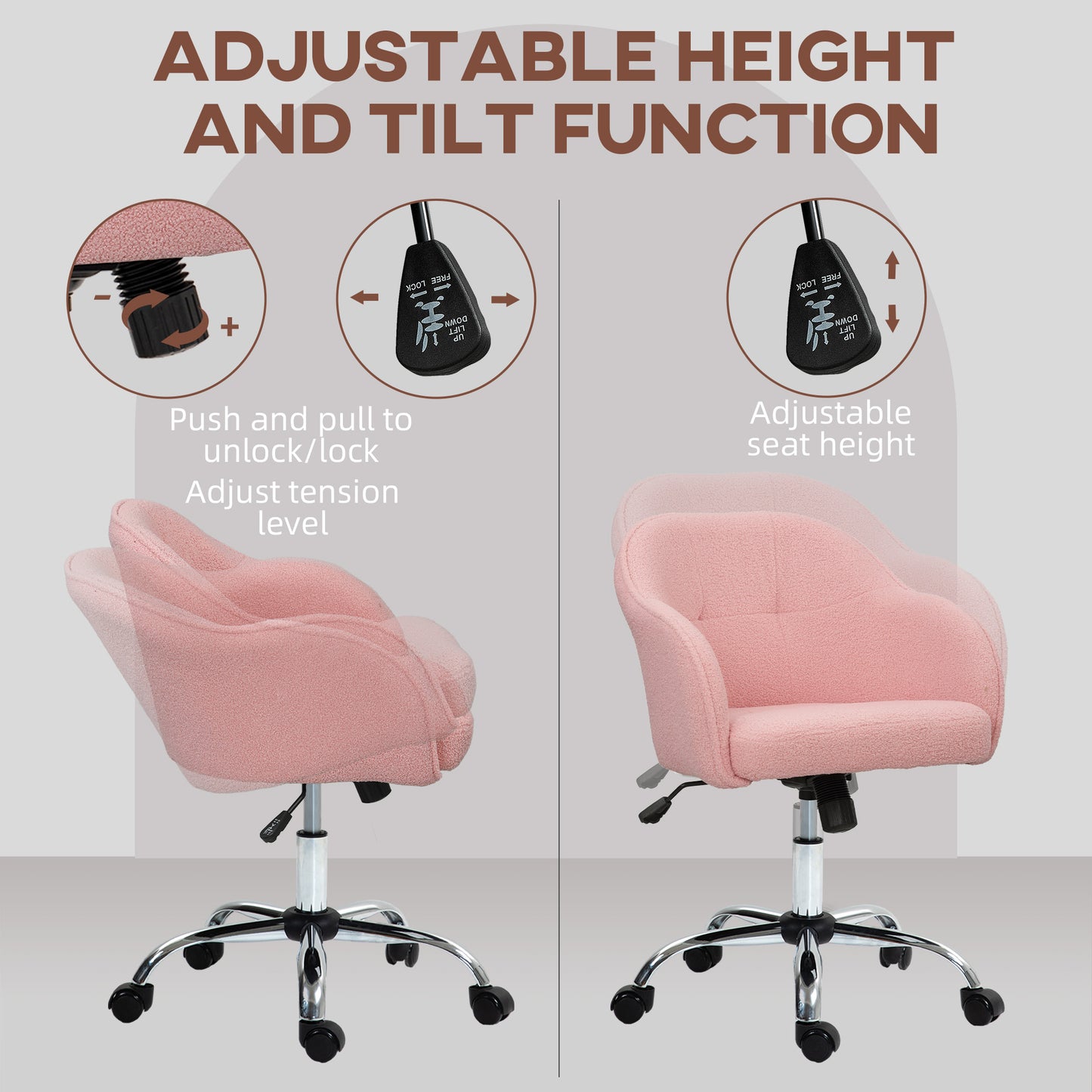 Fluffy Vanity Chair for Desk, with Height Adjustable, Wheels, Pink