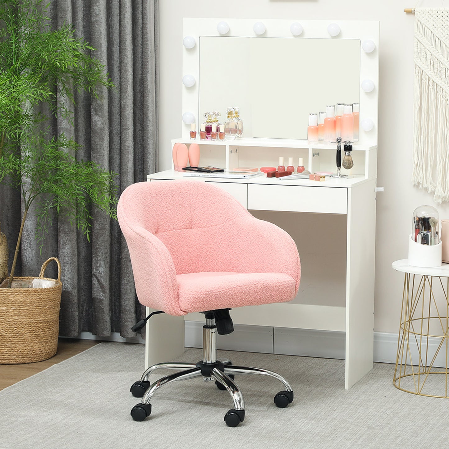 Fluffy Vanity Chair for Desk, with Height Adjustable, Wheels, Pink