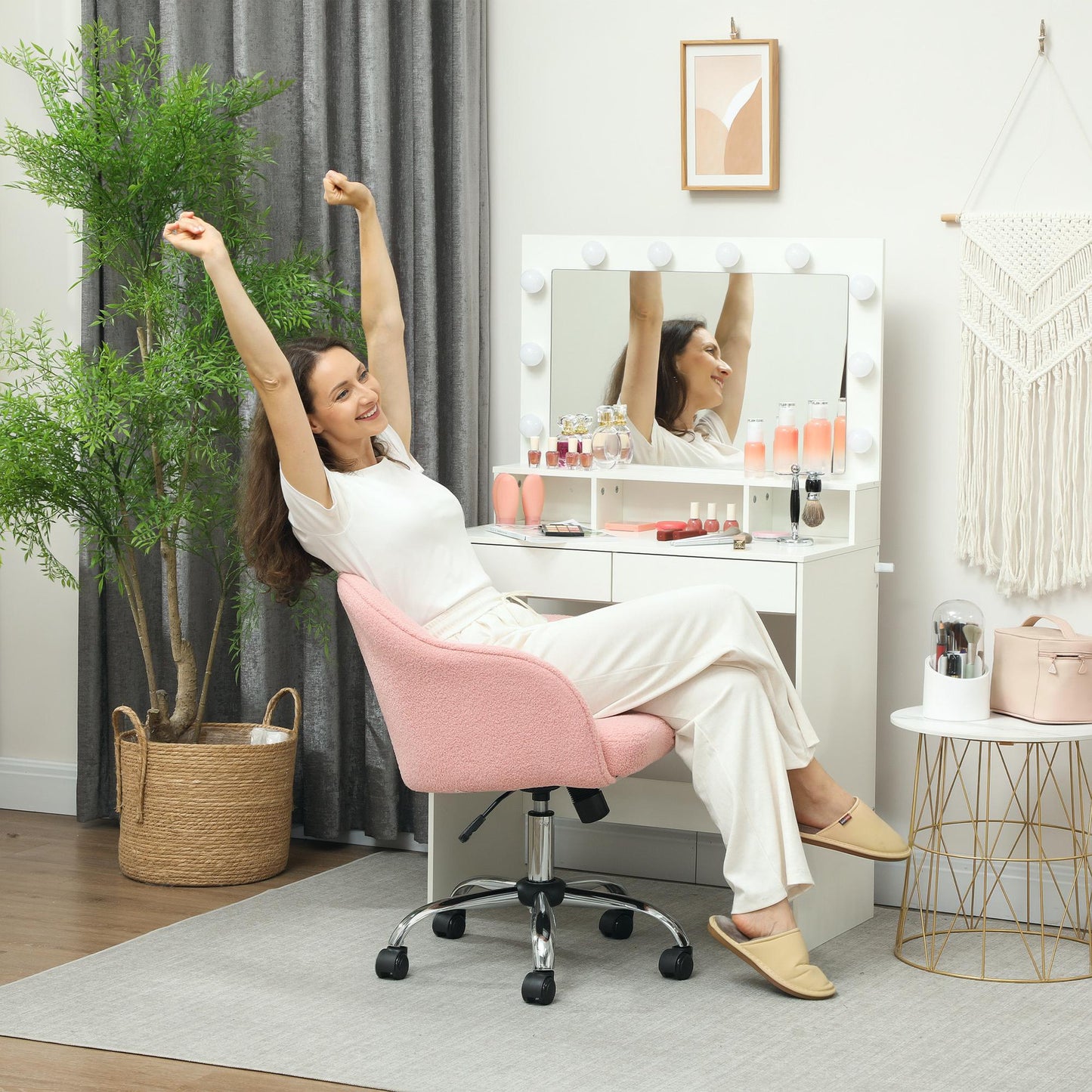 Fluffy Vanity Chair for Desk, with Height Adjustable, Wheels, Pink