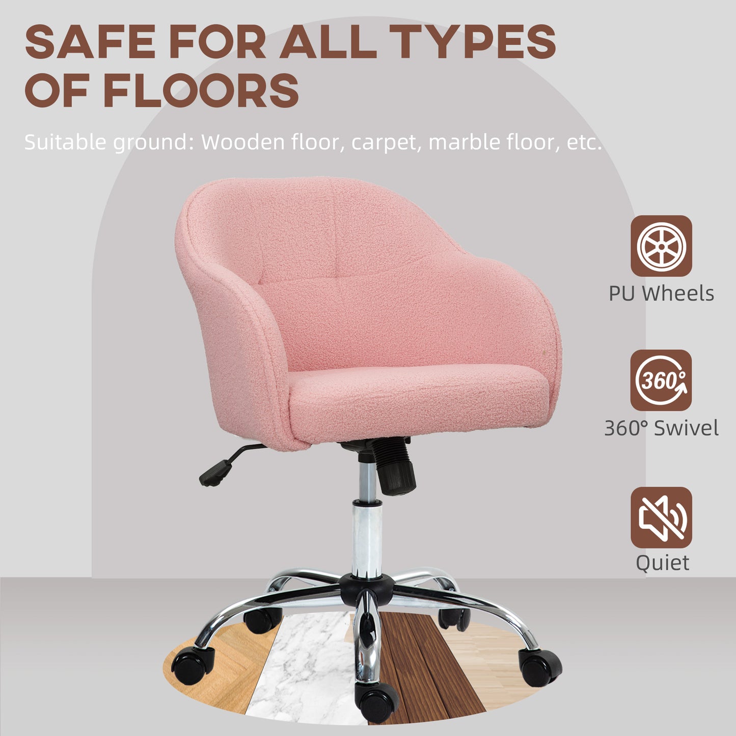 Fluffy Vanity Chair for Desk, with Height Adjustable, Wheels, Pink