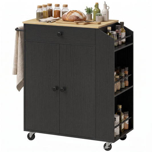 Kitchen Trolley with Drawer, Cupboard and 3-Tier Spice Rack - Black & Oak Effect